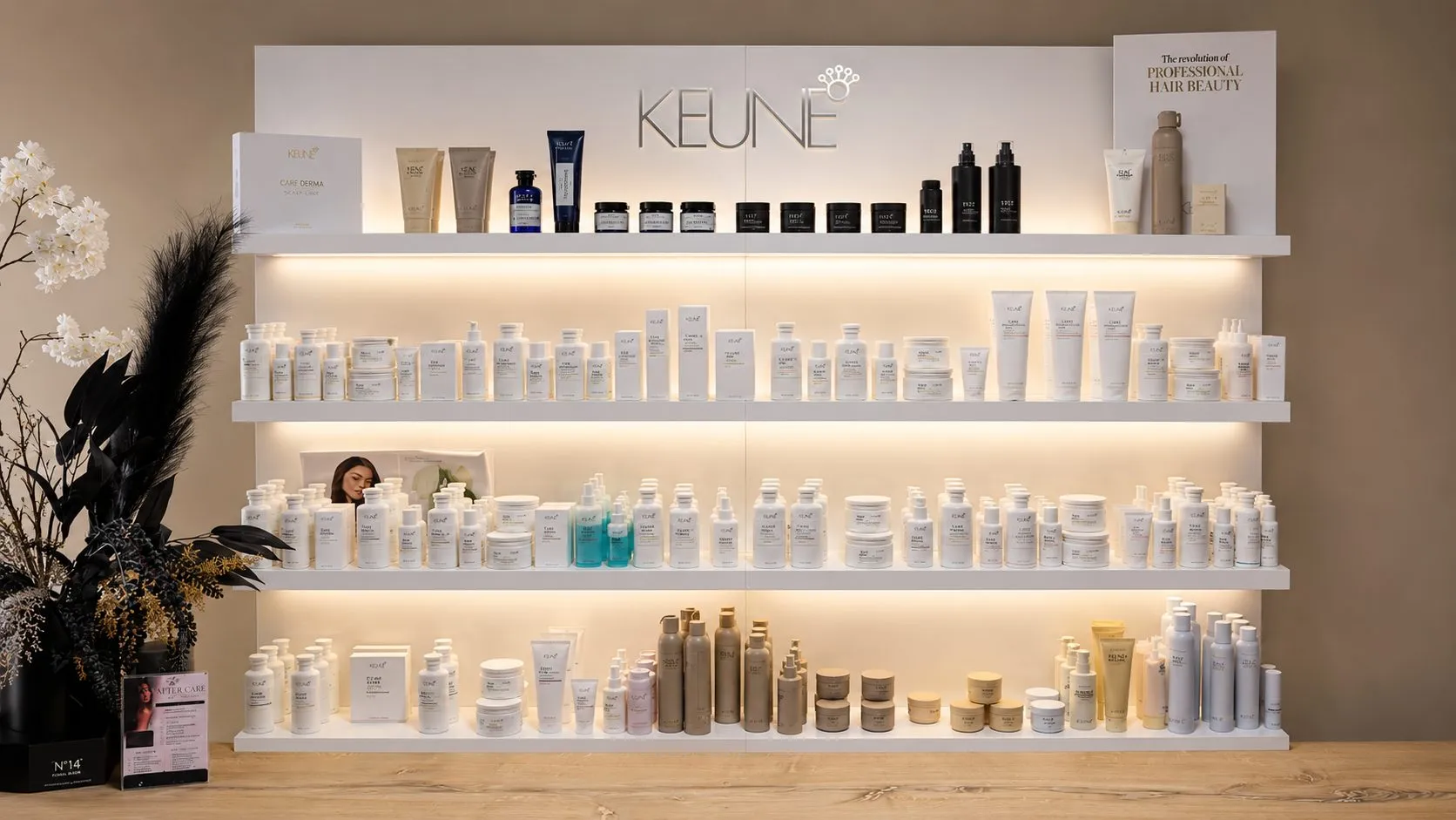 De verlichte Keune-productwand in de salon