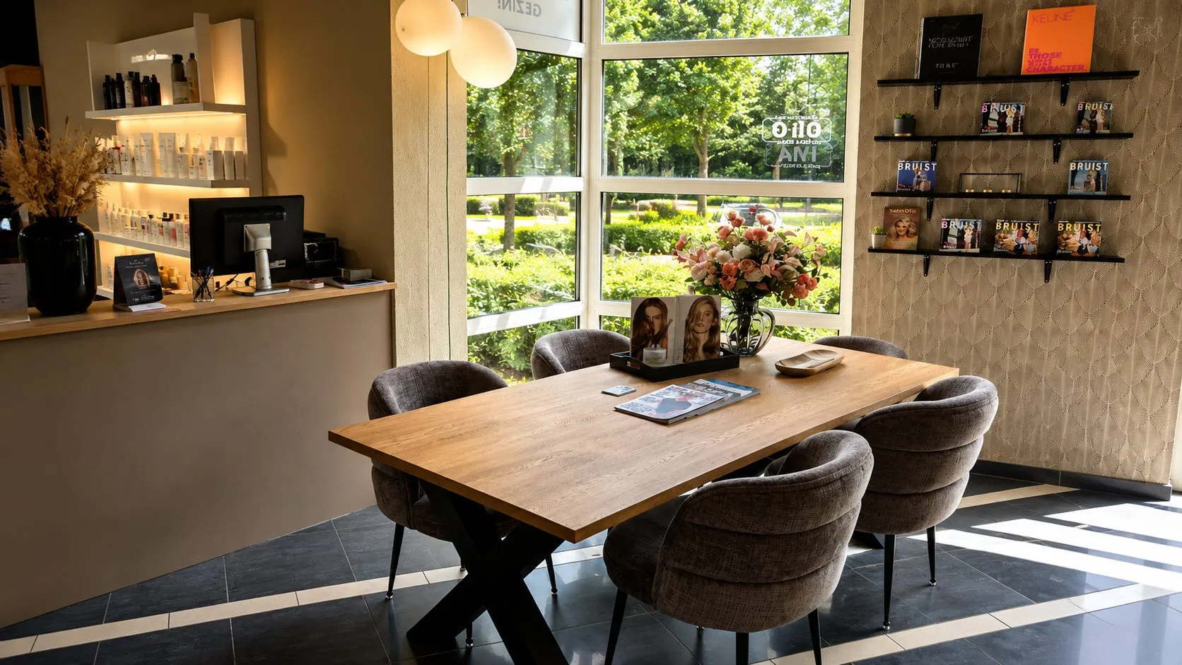 De wachthoek van Salon076 met houten tafel en uitzicht op het groen